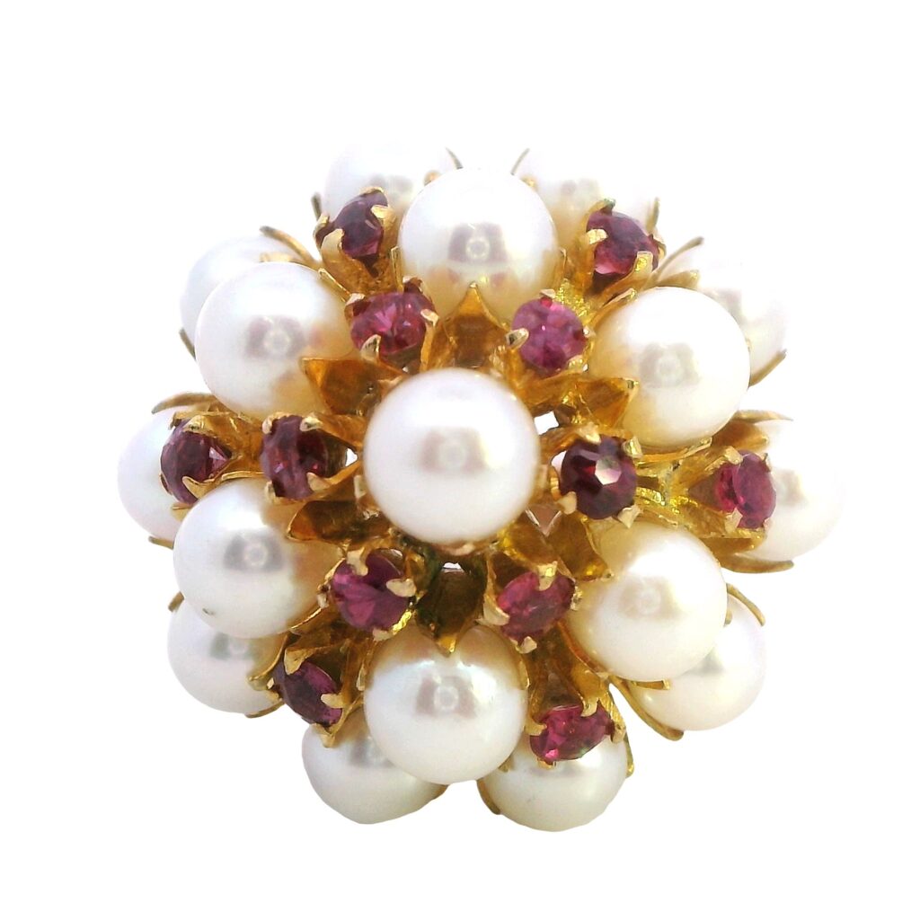 9ct yellow gold Cultured Pearl & Ruby Cluster ring.
